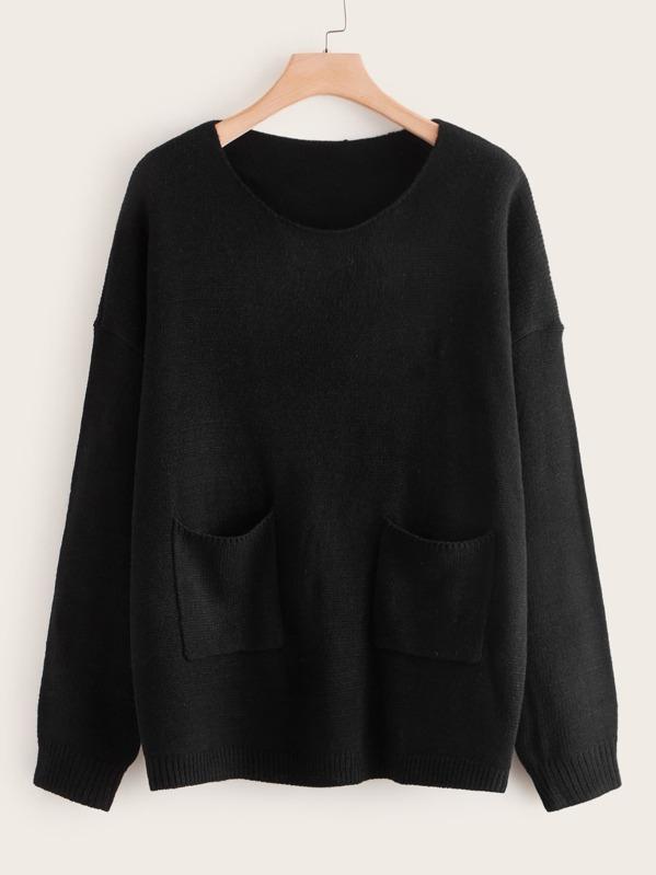 

Plus Solid Pocket Patched Drop Shoulder Sweater, Black