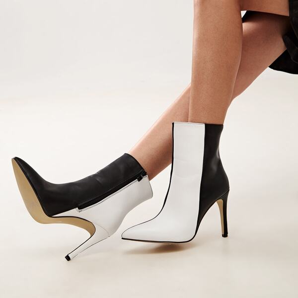 

Two Tone Side Zip Stiletto Heeled Boots, Black and white