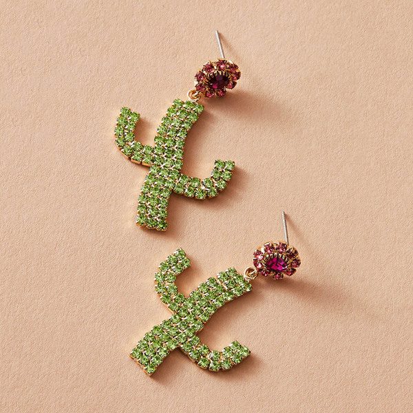 

1pair Rhinestone Engraved Cactus Drop Earrings, Multicolor
