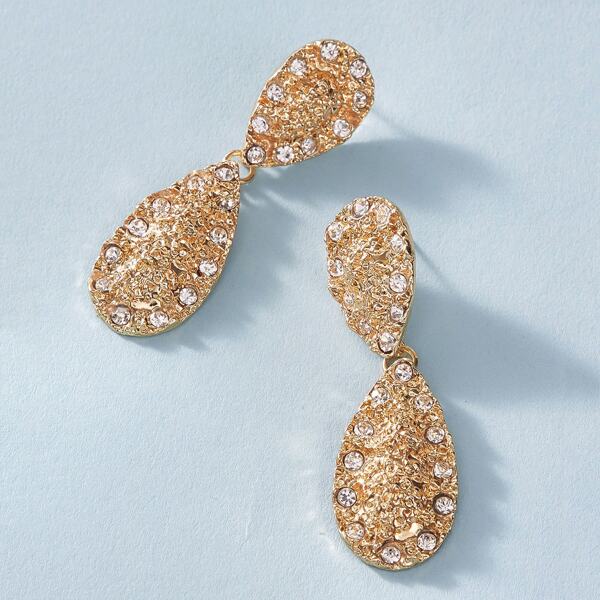 

1pair Rhinestone Engraved Double Waterdrop Earrings, Gold