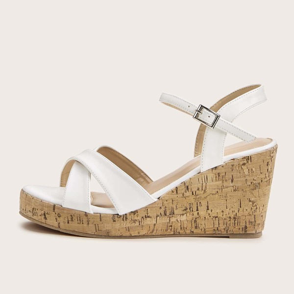 

Open Toe Buckle Strap Cork Wedges