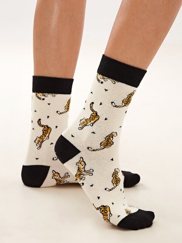

1pair Tiger Pattern Socks, Multicolor