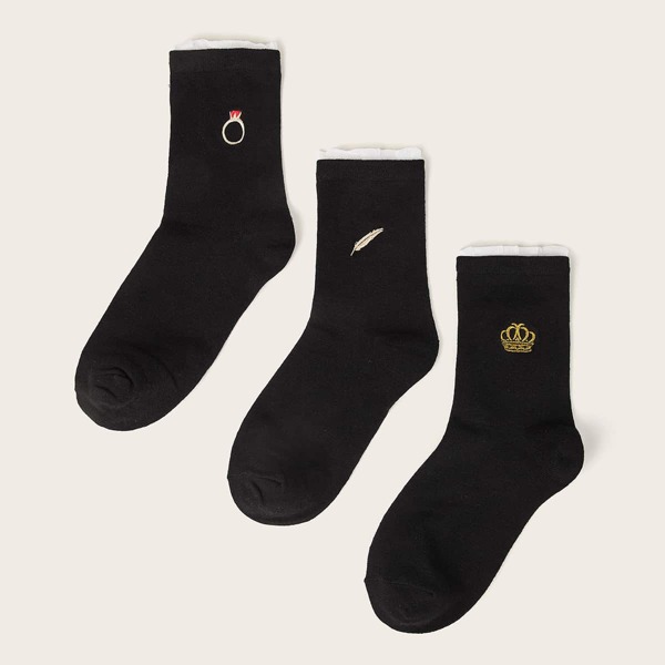 

3pairs Crown & Feather Pattern Socks, Black