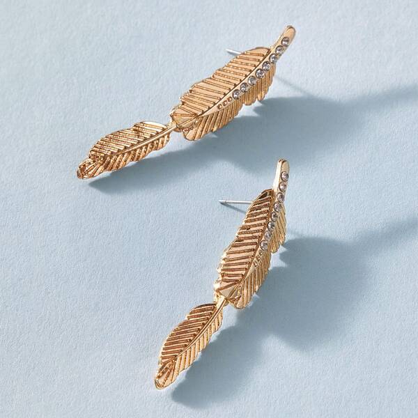 

1pair Rhinestone Decor Leaf Stud Earrings, Gold