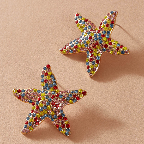 

1pair Rhinestone Engraved Starfish Stud Earrings, Multicolor
