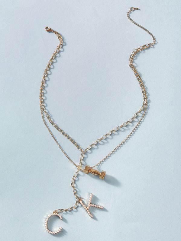 

1pc Faux Pearl Beaded Letter Charm Layered Lariat Necklace, Gold