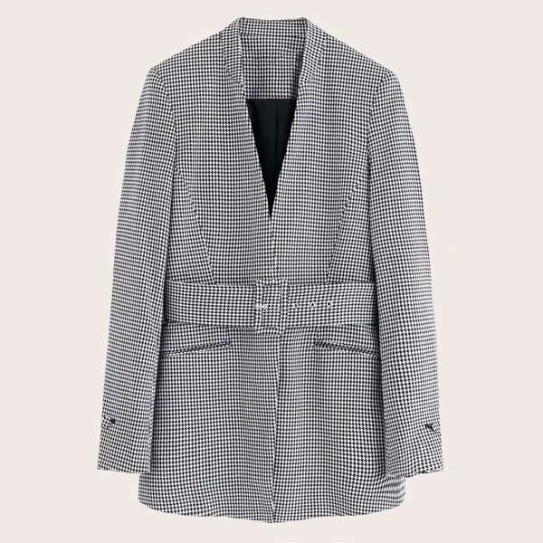 

Houndstooth Dual Pockets Belted Blazer, Black and white