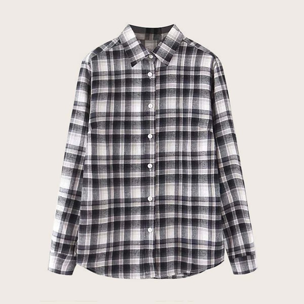 

Button Front Curved Hem Plaid Blouse