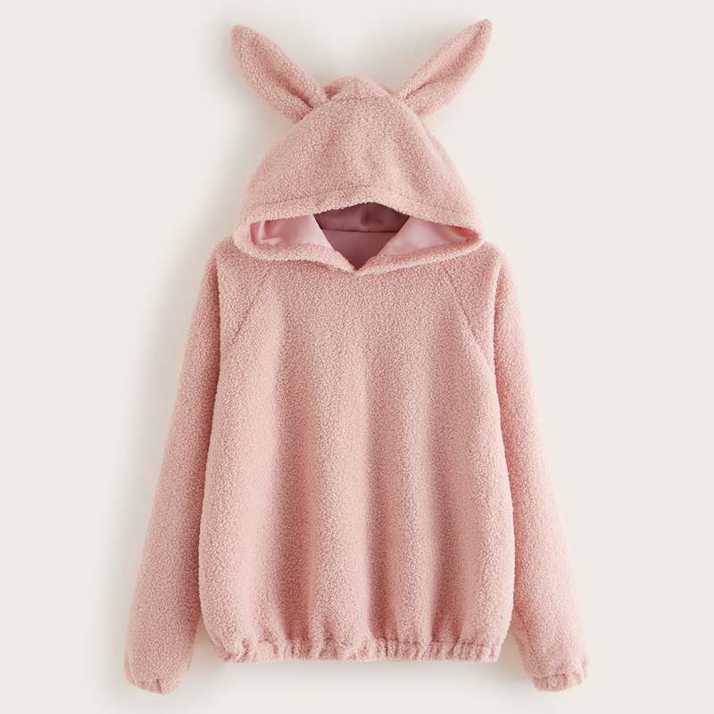 

Raglan Sleeve Hooded Teddy Sweatshirt, Pink