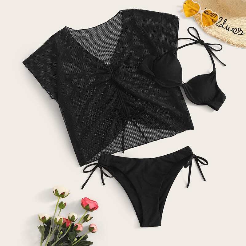 

Sheer Mesh Underwire Halter 3 Piece Co-ord Bikini, Black