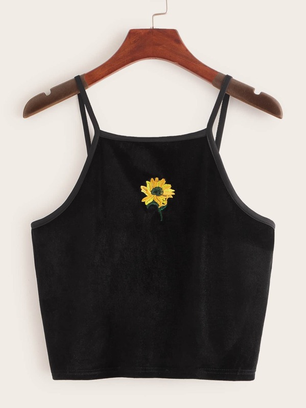 

Sunflower Embroidery Velvet Cami Top, Black
