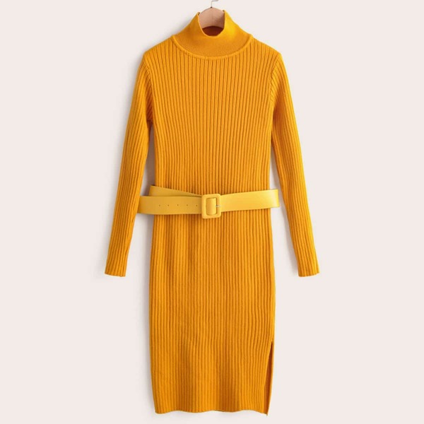 

High Neck Belted Split Sweater Dress, Yellow