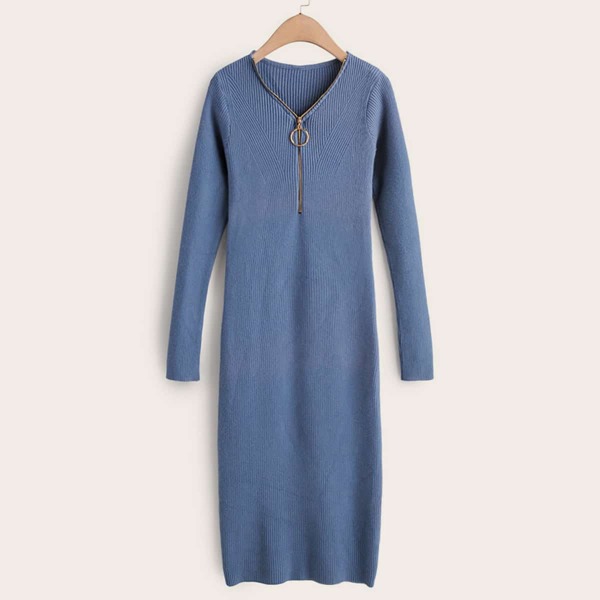 

V Neck O-ring Zipper Sweater Dress, Blue