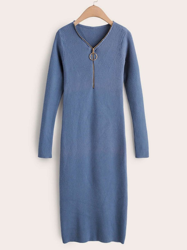 

V Neck O-ring Zipper Sweater Dress, Blue