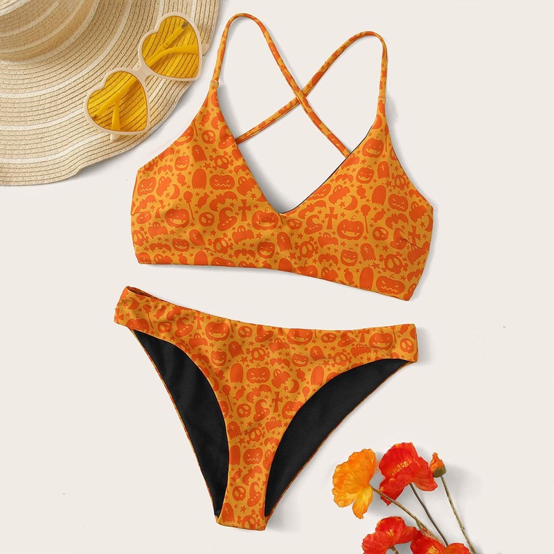 

Halloween Pumpkin Print Lace Up Back Bikini, Orange