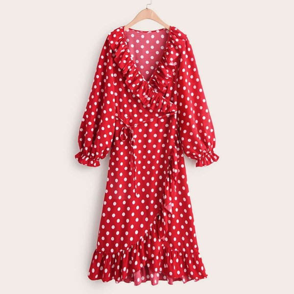 

Polka Dot Ruffle Trim Belted Dress, Red