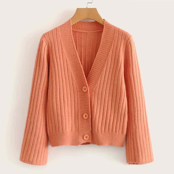 

V Neck Button Ribbed Knit Cardigan