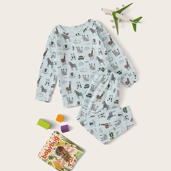 

Toddler Boys Cartoon Animal Print PJ Set, Blue pastel