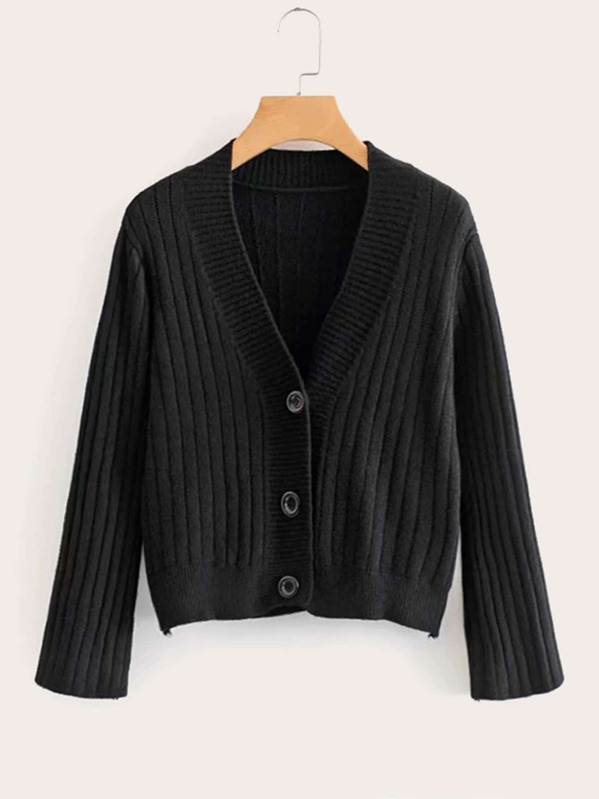 

V Neck Button Ribbed Knit Cardigan, Black