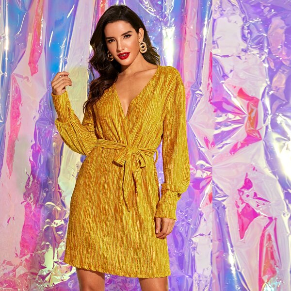 

Surplice Neck Self Tie A-line Dress, Yellow