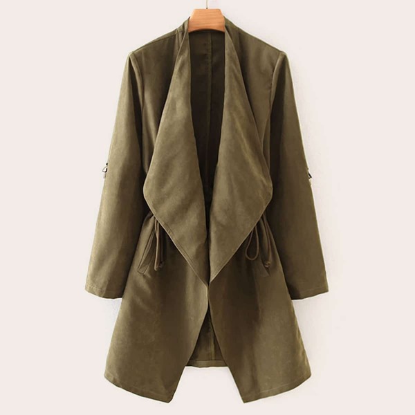 

Waterfall Slant Pocket Drawstring Trench Coat, Army green