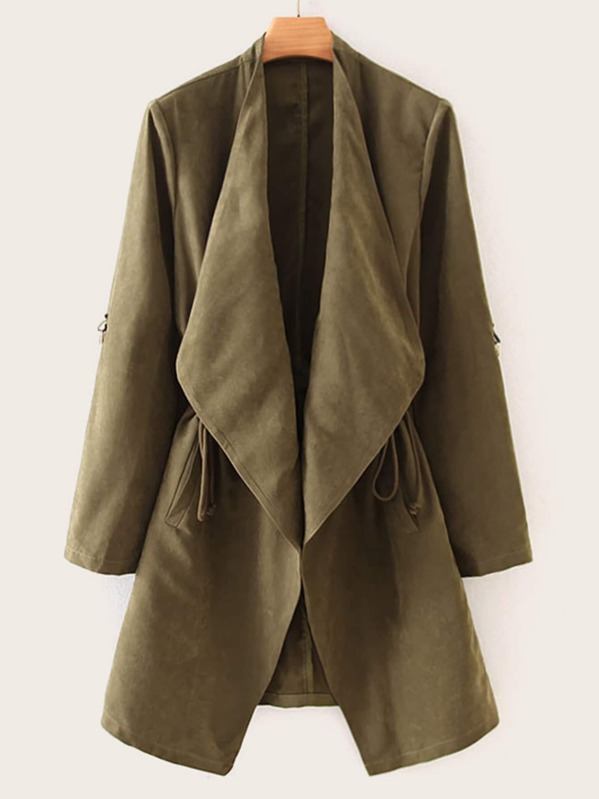 

Waterfall Slant Pocket Drawstring Trench Coat, Army green
