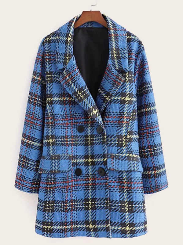 

Tweed Lapel Neck Plaid Pea Coat, Blue