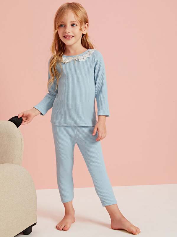 

Toddler Girls Rib Contrast Lace PJ Set, Blue, Varavara