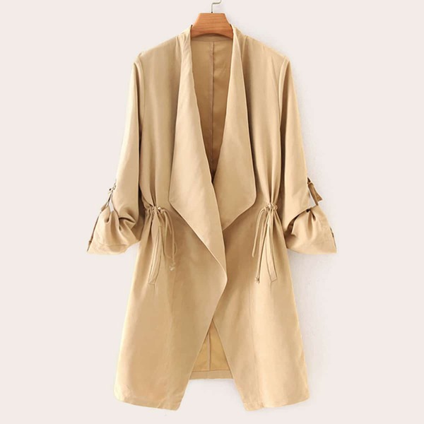 

Waterfall Roll Up Sleeve Drawstring Trench Coat, Khaki