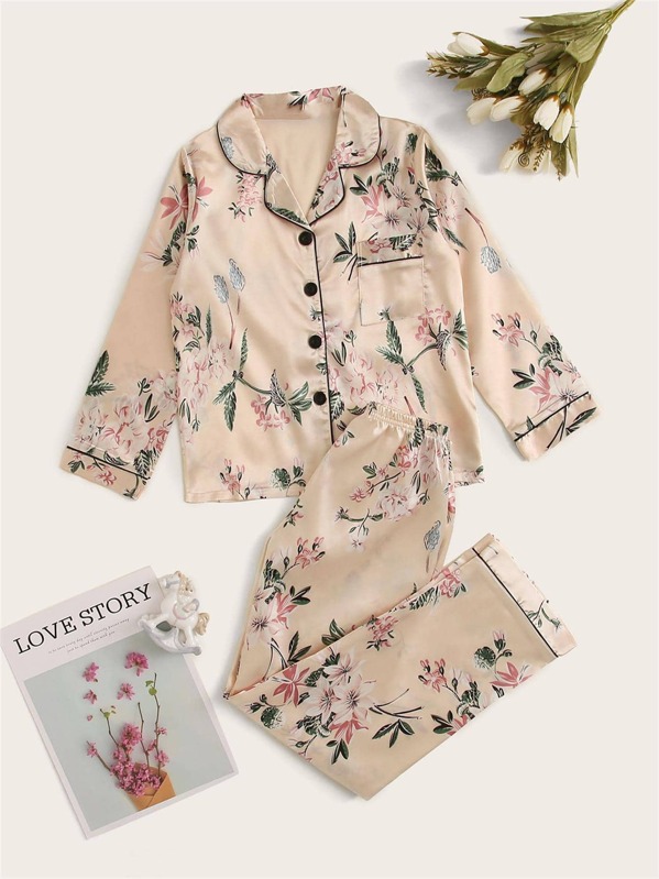 

Girls Floral Print Satin PJ Set, Multicolor