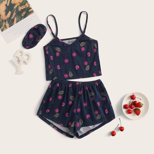 

Girls Cherry Print Cami PJ Set With Eye Mask, Navy