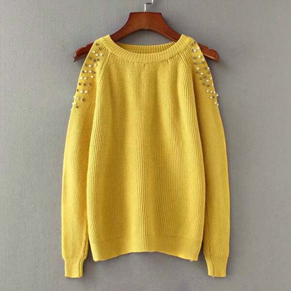 

Pearls Beaded Open Shoulder Sweater, Yellow