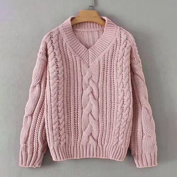 

V Neck Cable Knit Sweater, Pink