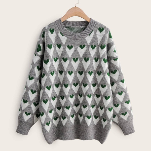 

Heart Pattern Drop Shoulder Sweater, Grey