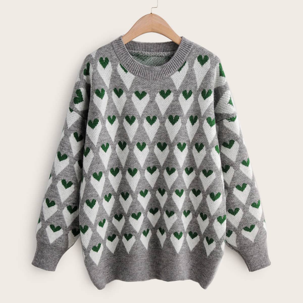

Heart Pattern Drop Shoulder Sweater, Grey