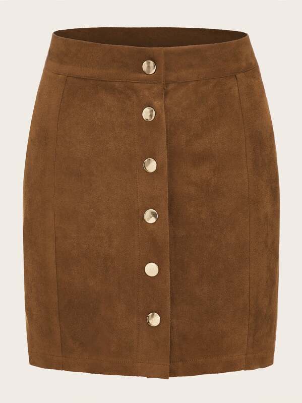 

Button Front Straight Suede Skirt, Camel