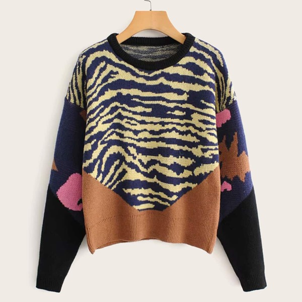 

Contrast Panel Zebra Striped Sweater