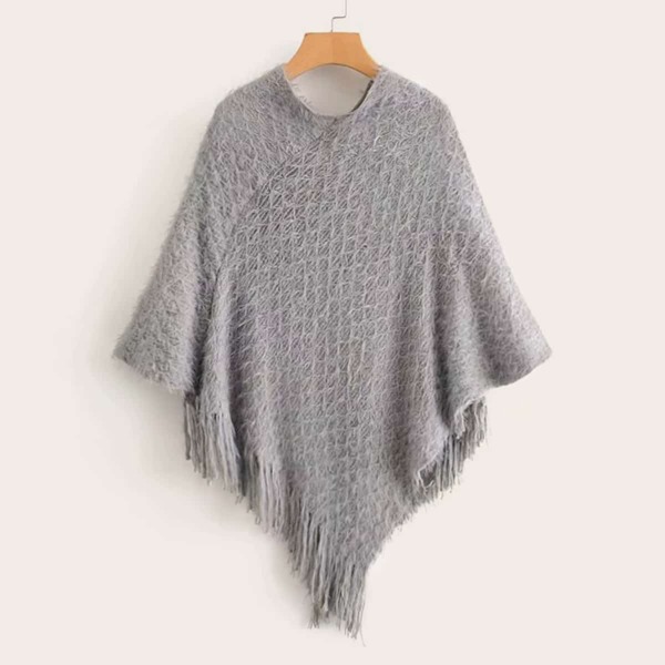 

Solid Fringe Hem Sweater Poncho, Grey