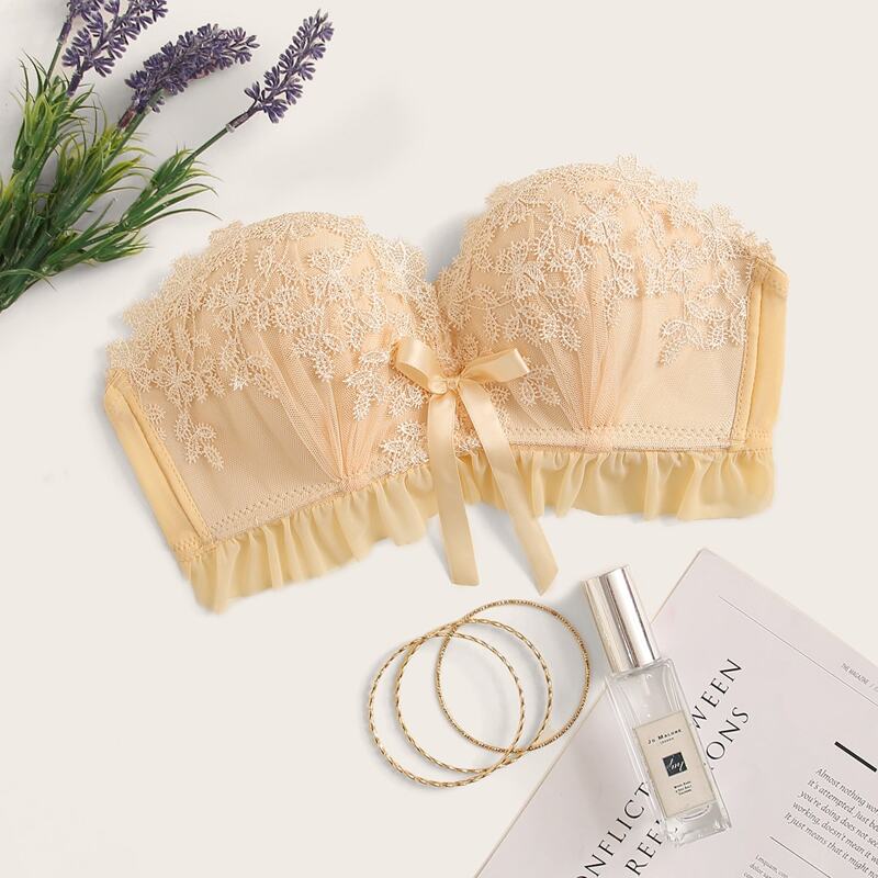 

Detachable Strap Embroidery Mesh Bra, Nude