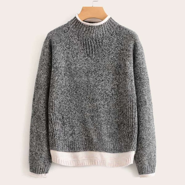 

Space Dye Contrast Panel Stand Collar Sweater, Grey