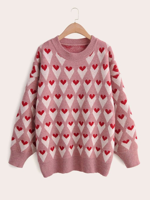 

Heart Pattern Drop Shoulder Sweater, Pink