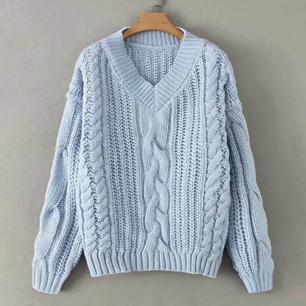 

V Neck Cable Knit Sweater, Blue