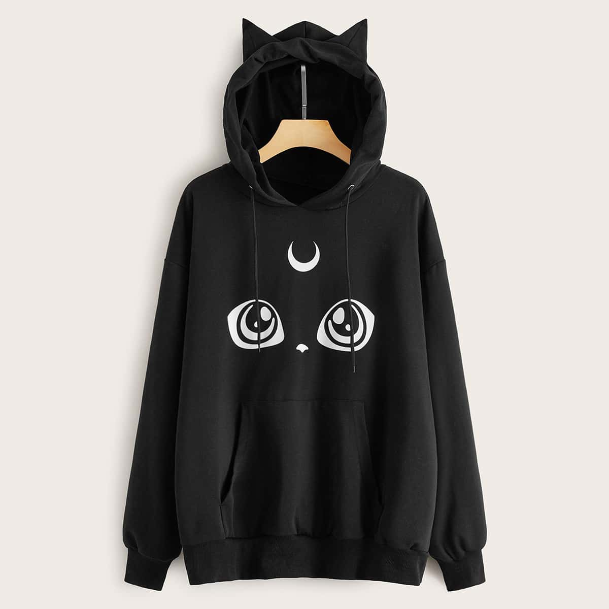 

Contrast Cat Ear Cartoon Print Oversized Hoodie, Black