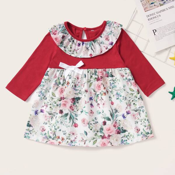 

Baby Girl Floral Print Bow Front Combo Babydoll Dress, Multicolor