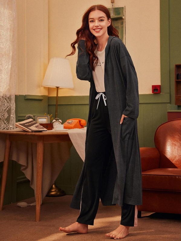 

Open Front Pocket Detail Hooded Robe, Grey, Poly