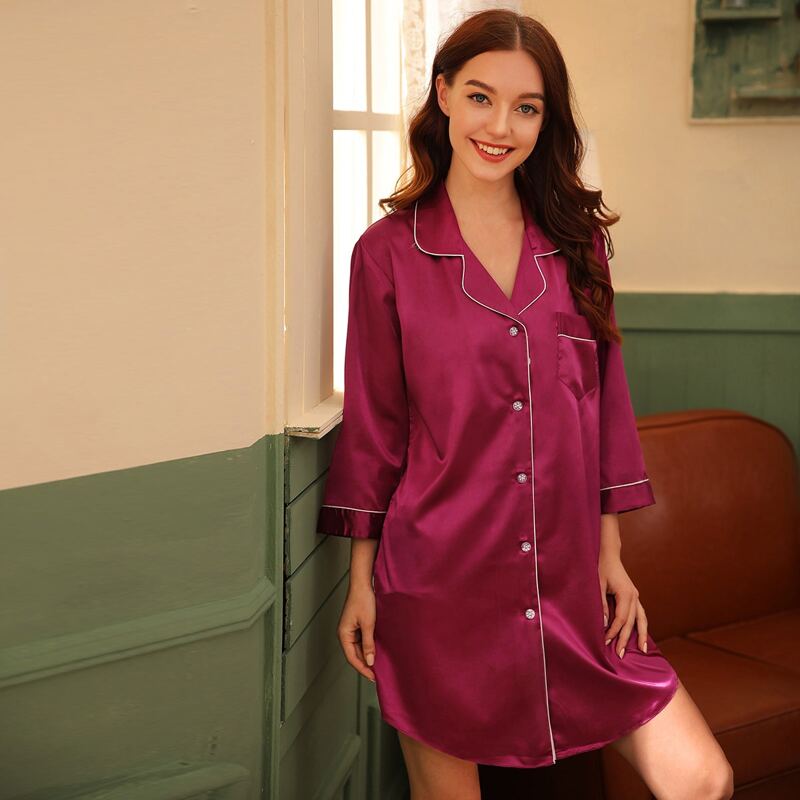 

Contrast Binding Satin Night Dress, Burgundy