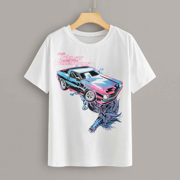 

Car Print Letter Graphic Tee, White
