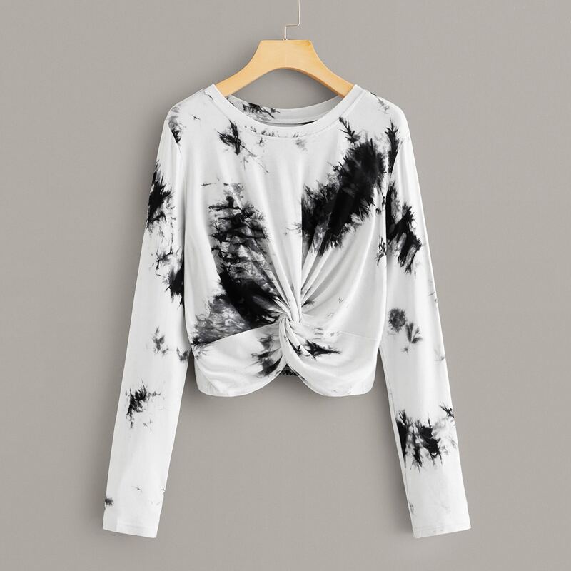 

Tie Dye Twist Front Tee, Black and white