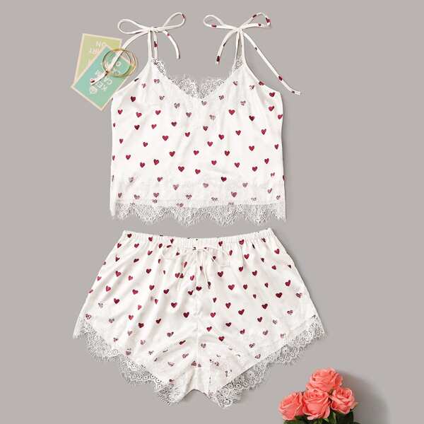

Plus Heart Print Lace Trim Cami PJ Set, White