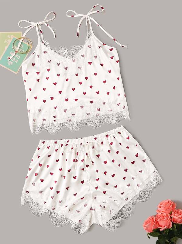 

Plus Heart Print Lace Trim Cami PJ Set, White